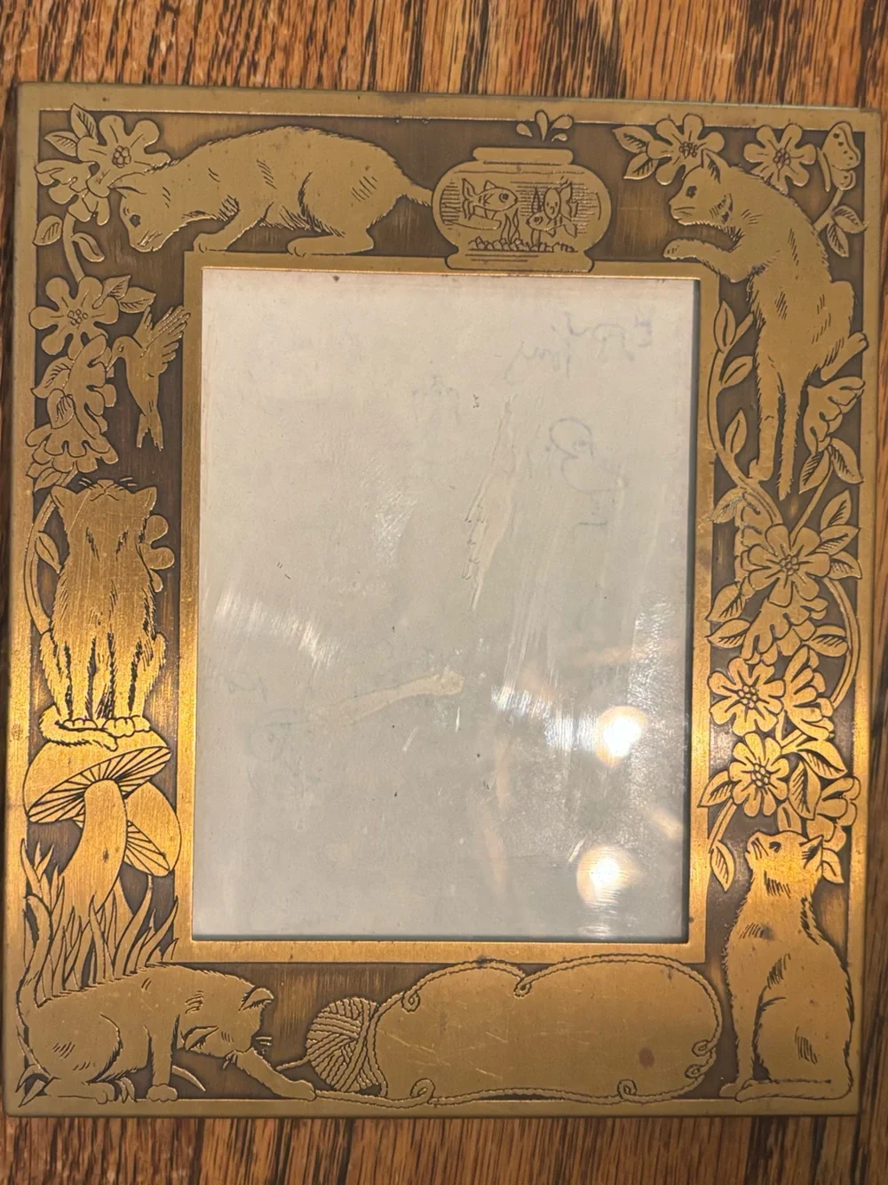 Vintage Brass Cat Art Nouveau Photo Frame MW Carr & Co Embossed 5” x 6” Stamped